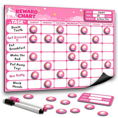 Magnetic Reward Chart for Kids, Customizable Dry Erase Weekly Chore Chart - size: 1 Kid-Unicorns