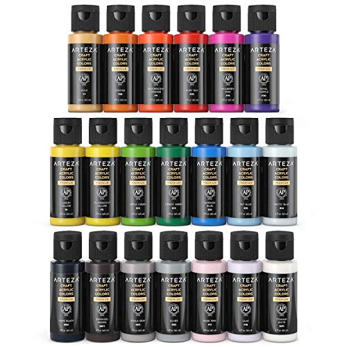 ARTEZA Craft Acrylic Paint, 2 ounce Bottles, Water-Based, Matte Finish Paints, Art Supplies for Glass, Wood, Ceramics, Fabrics, Leather, Paper - style: Basic Colors