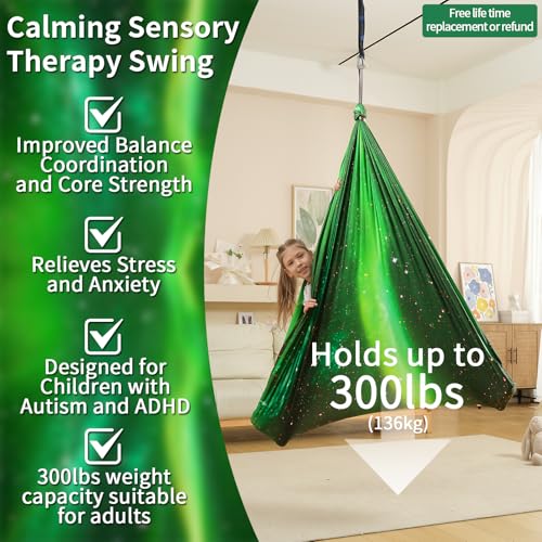 Sensory Swing for Kids Indoor & Outdoor Double Layer Therapy Cuddle Hammock Chair with 360 Swivel Hanger Kit Adjustable Swing for Child and Adult with Aspergers Autism ADHD (Aurora Green) - color: Aurora Green