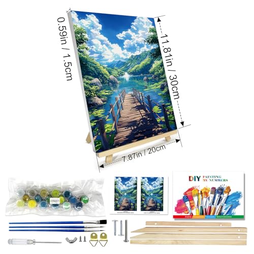 JOOZ Paint by Numbers Kit for Adults with Frame, Landscape Paint by Numbers with Easel, Lake Mountain Paint by Number with Frame, DIY Easy Paint by Numbers Kit for Adults Home Wall Decor 8 x 12 Inch - color: Lakeside Landscape