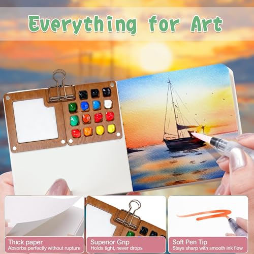 Mini Paint Palette Travel Kit, Portable Pocket Artist Water Color Travel Set with 24 Colours,Sketchbook,Clips,Pens,15 Grid Wooden Paint Box for Painters Artists (24 Colours)