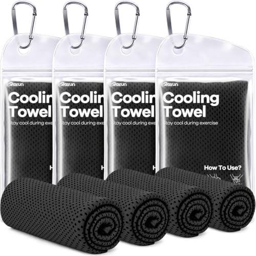 ROXUN Cooling Towels, 4 Pack (40''x12'') Chilly Ice Rags for Neck and Face | 4 Black, Soft Breathable, Sports and Outdoor Workouts, Comes with Storage Bags & Carabiners - color: 4 Black