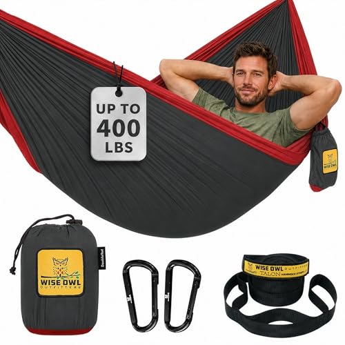Wise Owl Outfitters Hammock for Camping Single Hammocks Gear for The Outdoors Backpacking Survival or Travel - Portable Lightweight Parachute Nylon SO Charcoal & Red - color: Charcoal & Red, size: Single