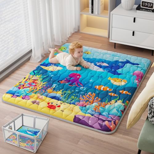 Baby Play Mat, 71"x59" Soft Thicker Playpen Mat, Non-Slip Baby Play Mat for Floor, Portable & Waterproof, Machine Washable Crawling Play Mat for Babies,Toddlers and Infants to Play and Learn,Sea World - color: Sea, size: 71" X 59"