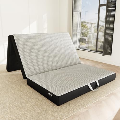 ROXGOX Memory Foam Trifold Mattress, Twin Portable Floor Bed 4 Inch, Foldable Mat with Washable Cover, Handle & Non-Slip Bottom, for RV, Travel, Camping, Yoga, 75"x38"x4", Grey - size: Twin Size, style: 4 Inch-Grey