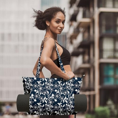 Yoga Bag for Women, Large Canvas Yoga Mat Tote Bag with Yoga Mat Carrier | Large Mat Pocket Fitness Tote for Pilates, Gym, Travel, Office & Beach - color: Blue Flowers