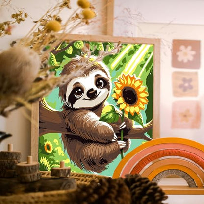 Gemozaic Sloth Paint by Numbers Kit for Kids Ages 8-12 with Frame & Easel | Cute Animal Kids Paint by Number on Canvas, DIY Acrylic Painting by Numbers for Teens Boys Girls for Birthday Gift, 8x8 IN - color: BKH1865