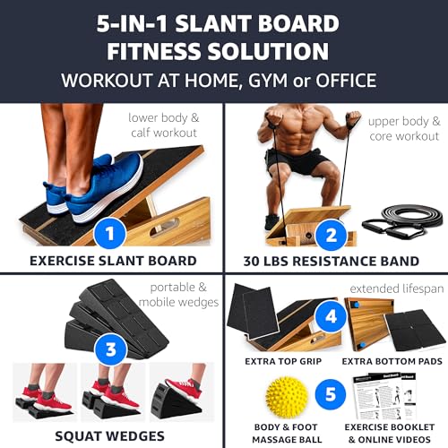 BAM Athletica Slant Boards for Exercise – Adjustable Wooden Calf Stretcher Incline Board for Calf Stretching, Squats, Physical Therapy, Plantar Fasciitis, Knee, Foot & Ankle Rehab, Velour Slant Board - color: Premium 5-in-1 Solution | Large Full Coverage
