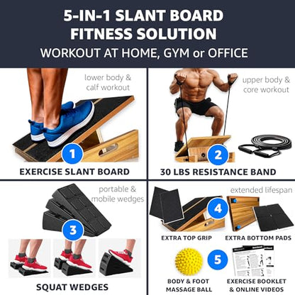 BAM Athletica Slant Boards for Exercise – Adjustable Wooden Calf Stretcher Incline Board for Calf Stretching, Squats, Physical Therapy, Plantar Fasciitis, Knee, Foot & Ankle Rehab, Velour Slant Board - color: Premium 5-in-1 Solution | Large Full Coverage
