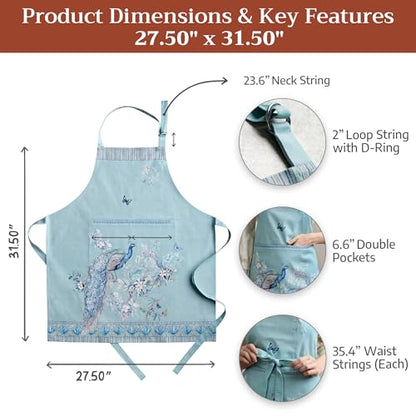Maison d' Hermine Aprons for women with Pocket 100% Cotton (27.50"x31.50") | Adjustable Neck Strap & long ties Apron Men Chef Wedding Cooking Gardening Server Maid - color: 022 - Peacock Utopia - Pastel Turquoise