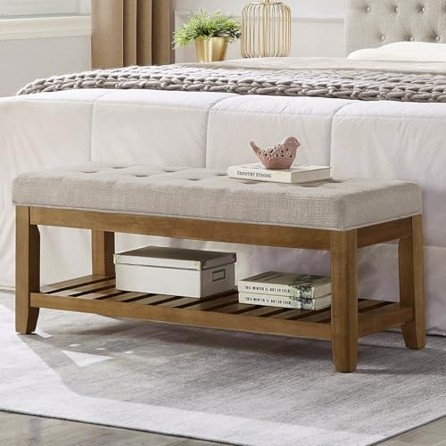 24KF Large Rectangular Upholstered Tufted Linen Fabric Ottoman Bench, Padded Bench with Solid Wood Shelf-Linen - color: Linen-bench, size: 16"D x 44"W x 18"H