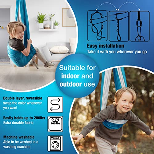 MINGLEWOOD Sensory Swing for Kids – Indoor Swing Set with 360° Swivel Hanger – Cozy & Calming Hammock for Autism, Anxiety, ADHD & Sensory Disorders - color: Blue/Gray