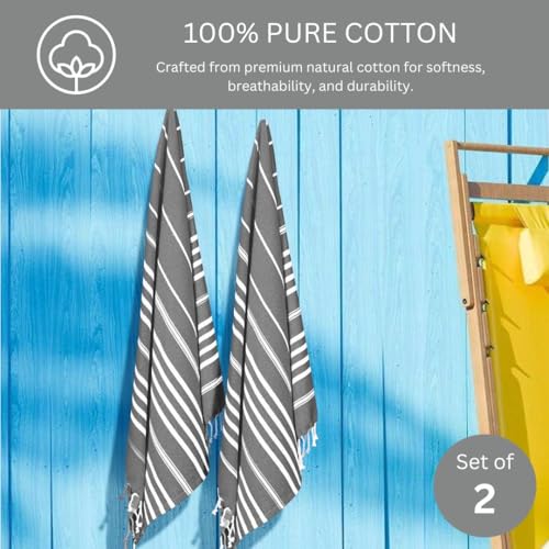 WeWove Turkish Peshtemal Beach Towels Large 39x70 Inch Set of 2-100% Cotton Soft Quick-Drying Absorbent Washable - Versatile for Beach Pool Spa Picnic Travel or Bath Use - Turkish Towels Grey - color: Grey