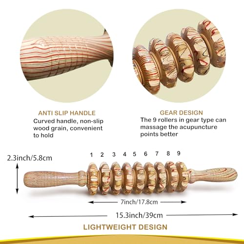 Wooden Massager Handheld Roller Trigger Point Massager Stick for Fascia, Cellulite, Muscle & Abdomen , Body Therapy Massager, Muscle Belly Relief Tool… - color: Gear Type