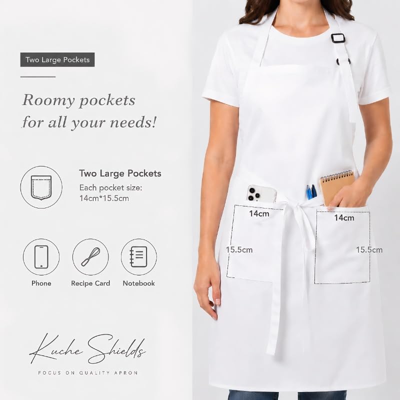 Polyester White/Black Bib Apron - 2 Large Pockets Women Aprons for Kitchen, Baking, Painting, and Halloween - color: White