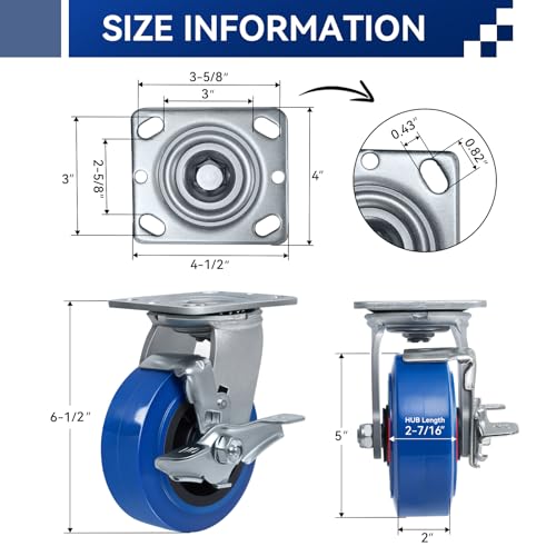 5'' X 2'' Casters, Heavy Duty Caster Wheels, Industrial Swivel Casters Set of 4 with Load 3200lbs, Polyurethane on Polyolefin Core with Roller Bearing (4 Brake) - style: 4 Brake