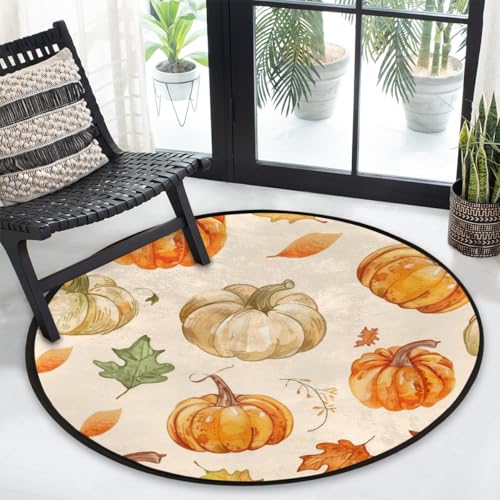Autumn Pumpkin Leaves Round Area Rug 3Ft Thanksgiving Harvest Circle Carpet - color: Pumpkin Leaves, size: 3 ft
