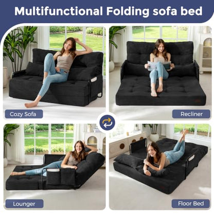 MAXYOYO Adjustable Folding Sofa Bed Couch with 2 Pillows, Black | Multi-Functional Bean Bag Bed, 5-Position Foldable Lazy Floor Sofa Bed with Armrest, Versatile Floor Seating for Reading - color: Black