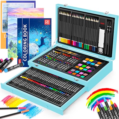 iBayam Arts and Crafts Gifts for Kids 6-14 Year Teens Boys | 150-Pack Art Set Kits with 2 Sketch Pads, 1 Coloring Book, 24 Colored Pencils, 24 Oil Pastels, 24 Watercolor, 60 Crayons - color: Blue
