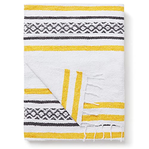 Gray and Yellow Mexican Blanket by Laguna Beach Textile Co - Beach, Yoga, Camping, or Decorative Throw Blanket - Traditional Handmade Serape - Yellow Stone - color: Yellow Stone