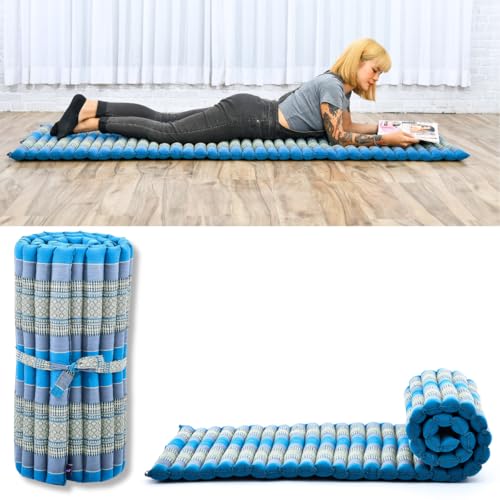 Leewadee - Foldable Floor Mattress - Japanese Roll Up Futon -Trifold Tatami Mat- Guest Floor Bed - Camping Mattress - Thai Massage Mat, Kapok Filled, 75 x 28 inches, Light Blue - color: Sf22 - Blue, size: M: 75x28"