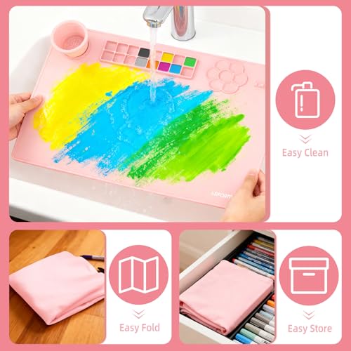 Silicone Painting Mat, 23.6x15.8in Art Drawing Mat with Brushes | For children DIY art watercolor clay use, table protection craft mat, painting station with cup palette cleaning cup, pink - color: Pink