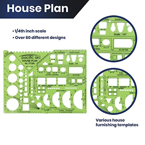 Pacific Arc House Plans Templates Guide, with Stairs, Doors, Plumbing, Kitchen Appliances, and Roof Pitch Gauge, Scale of 1/4 Inch to 1 Foot - style: House Plan