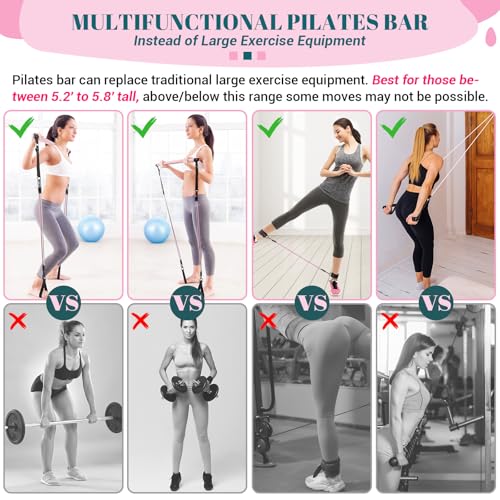 Pilates Bar Kit with Resistance Bands, Multifunctional Yoga Pilates Kit - color: Pink