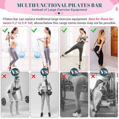 Pilates Bar Kit with Resistance Bands, Multifunctional Yoga Pilates Kit - color: Pink