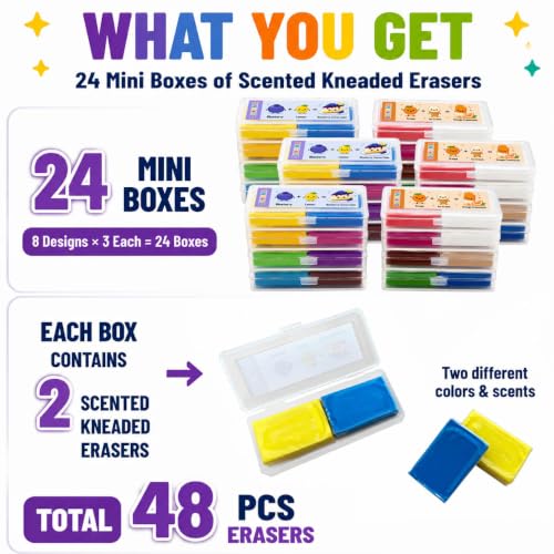 Scented Kneaded Erasers, 10 Colors & 10 Scents, Soft Kneadable Erasers for Drawing, Sketching, Graphite & Charcoal, Putty Eraser with Individual Storage Cases (24, 10 Colors)