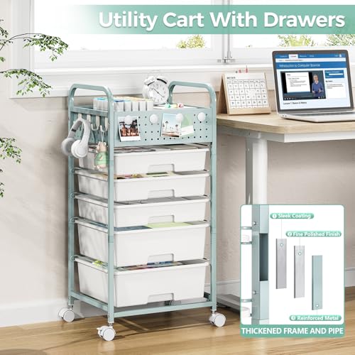 SYKIARIOL Drawer Rolling Storage Cart with Pegboard Top and Hooks, Green, 4-Drawers - color: Green, size: 4-Drawers