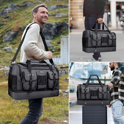 WITZMAN Duffle Bag for Men 55L Nylon Travel Weekender with Shoe Compartment - color: Silvery Grey
