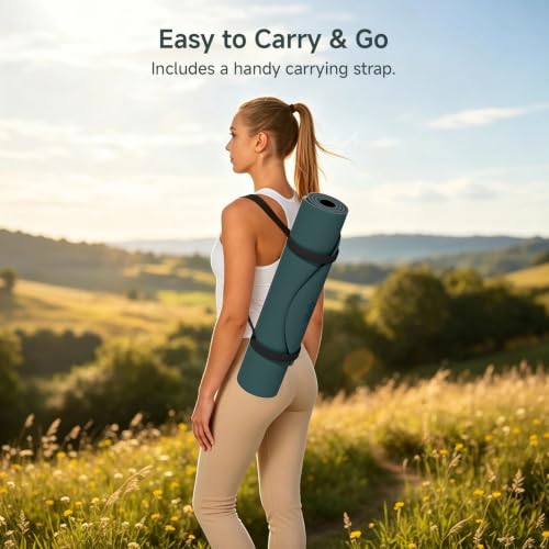 WeiLa Extra Thick Yoga Mat (10mm), Large TPE Workout Mat 74"x28" with Strap - color: Dark Green & Black