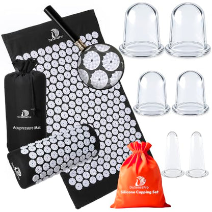 Black Acupressure Mat & Pillow + 6-Cup Cupping Set Bundle