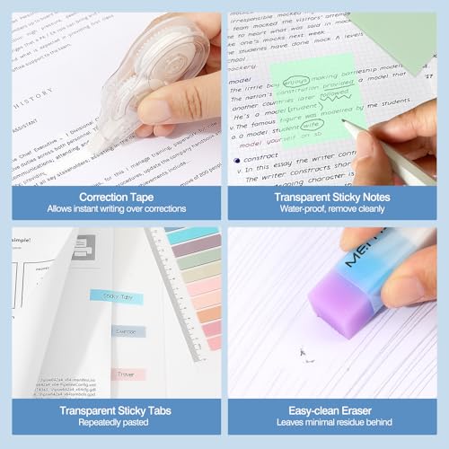 MoKo Pencil Case with Supplies, 60Pcs Aesthetic School Set, Green | Includes highlighters, gel and ballpoint pens, mechanical pencils, refills, sticky notes, correction tapes and rulers. - color: Green-60P