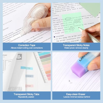 MoKo Pencil Case with Supplies, 60Pcs Aesthetic School Set, Green | Includes highlighters, gel and ballpoint pens, mechanical pencils, refills, sticky notes, correction tapes and rulers. - color: Green-60P