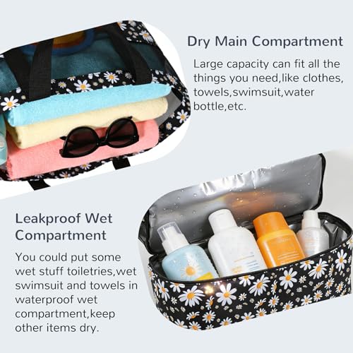 Mesh Tote Beach Bag with Leakproof Wet Compartment - color: Daisy