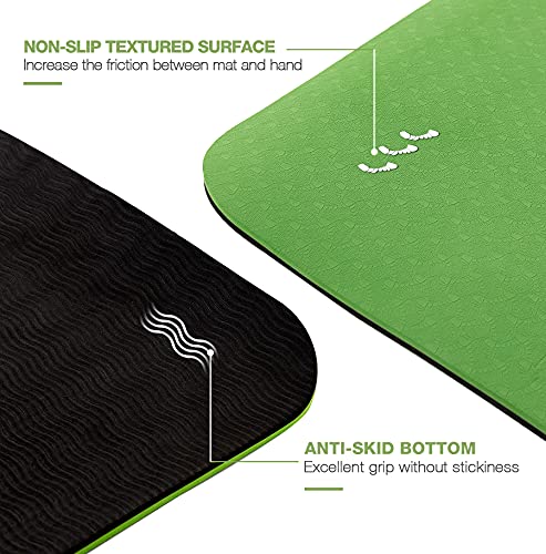 UMINEUX Large Yoga Mat for Men and Women 1/4 & 2/5 Inch Extra Thick TPE Fitness Mat for Home Gym Workout, Non-Slip, Eco Friendly Exercise Mat for Yoga, Pilates, Stretching, Meditation - color: Vibrant Green & Raven, size: 72"x48"x1/4"