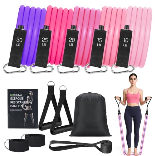 WIKDAY Exercise Resistance Bands with Handles for Working Out Workout Bands Set with Door Anchor for Physical Therapy, Yoga, Pilates - color: Pink Purple, size: Light (10-100lb)