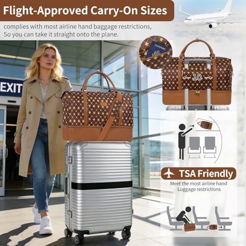 Weekender Bag, Large Travel Duffel Bag for Women, Carry on Overnight Bag with Shoe Compartment and Toiletry Bags - color: D-3PCS Coffee