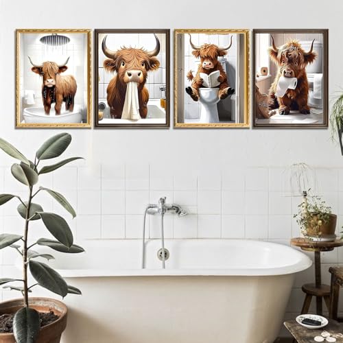Highland Cow Diamond Art Kits for Adults,Bathroom Decor Diamond Painting | Diamond Art 4Pcs Kit for Beginners, 5D DIY Full Drill Diamond Painting Gem Art, Home Wall Art Gifts(12x16 inch) - color: DP03946