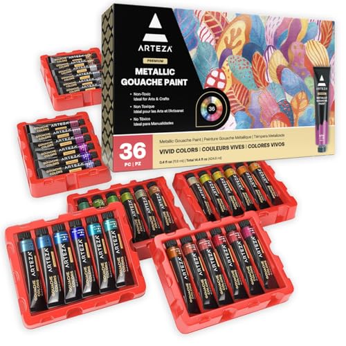 ARTEZA Metallic Gouache Paint, Set of 36, 12ml/0.4 US Fl Oz Gouache Paint Tubes, Glitter Paint for Canvas & Paper - size: 0.4 Fl Oz (Pack of 36)