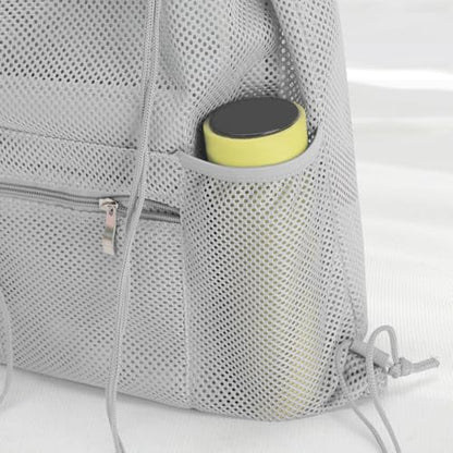 NATURAL STYLE Mesh Drawstring Backpack Bag, Gym Sports Bag with Zipper Pocket Bottle Holder, String Beach Bag for Swiming Travel (Grey) - color: Grey