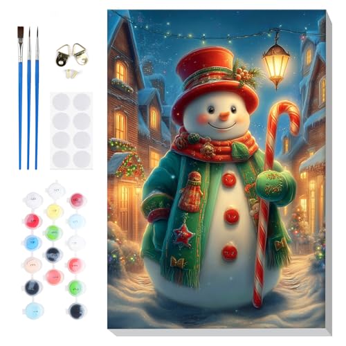 Bowetile Christmas Paint by Numbers for Adults Beginners Framed, Adults' Paint-by-Number Snowman Kits on Canvas, Acrylic Number Painting Christmas Gifts for Home Decor, 8x12in - color: Snowman