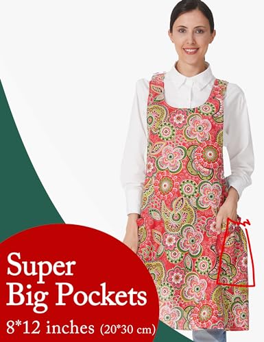 Cozy Adjustable Cross Back Aprons for Women with Pockets Cotton Linen Cooking Kitchen Baking - color: Red Flowers
