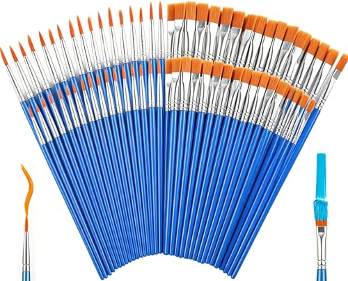 200 Pcs Small Paint Brushes Bulk, 100 Flat & 100 Round Pointed Acrylic Paint Brushes for Kids Classroom, Art Watercolor Brushes for Canvas Face Painting Touch Up