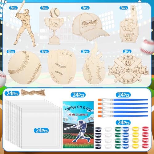 Saypacck 24 Pcs Baseball Party Favors Wooden Paint Craft Kits | Baseball Themed Craft Kit for Kids Birthday Party, Goodie Bags Fillers, Thank You Gifts, Paints Brushes Included - style: Sport Theme