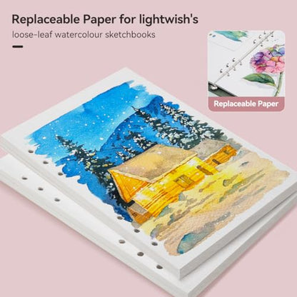 LIGHTWISH Watercolor Paper Bulk, 100% Cotton Cold Press 300gsm/140lb, 2 Pack, Total 40 Sheets A5 Hole-Punched Replaceable Paper for Artists, Adults,Students,5.8 * 8.2 Inches