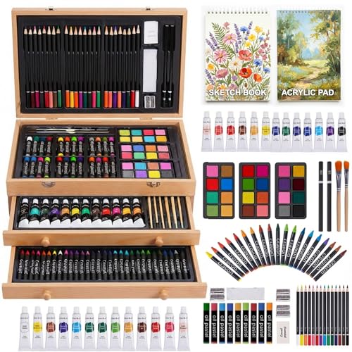175-Pack Deluxe Wooden Art Set Drawing Painting Kit with 2 Drawing Pads, Acrylic Paints, Colored Pencils, Crayons, Paint Brush, Art Kit in Wooden Case, Gift for Artist, Adults, Teens and Kids - color: Wood