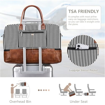 Large Women Travel Weekender Bag: Carry on Duffle with Shoe Compartment | Overnight Duffel Bags with Wet Pocket, Crossbody & Toiletry Bag, 3PCS Womens Traveling Tote Set for Hospital Gym Weekend Trip - color: 02 Black Striped